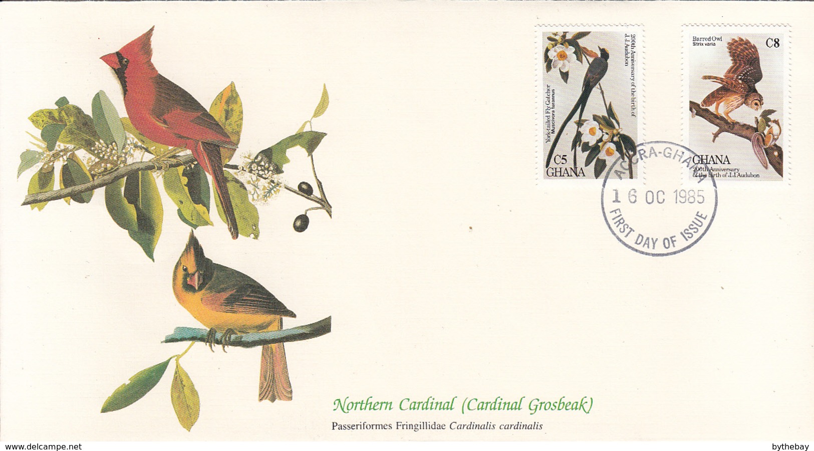 Ghana 1985 FDC Scott #980, #981 York-tailed Fly Catcher, Barred Owl Audubon Birds - Ghana (1957-...)