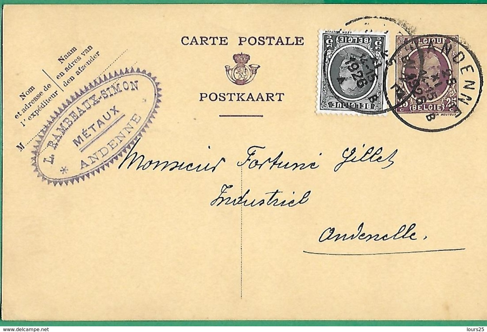 ! - Belgique - Entier Postal - Avec Cob 198 + 193 - Envoi De Andenne Vers Andenelle - 1926 - Cartes Postales 1934-1951