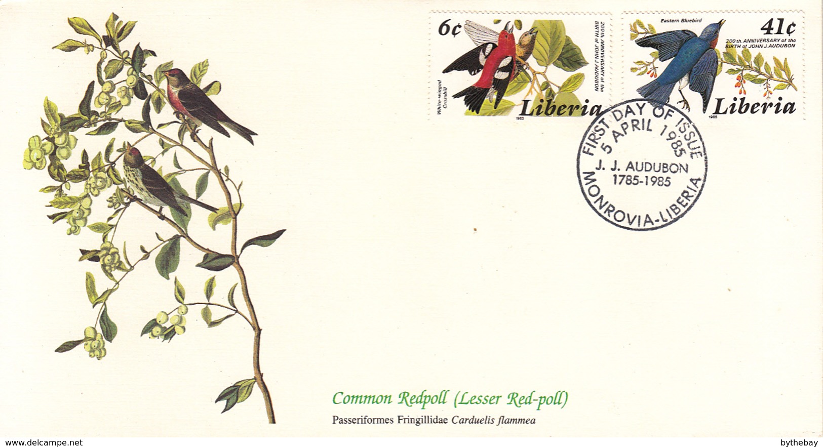 Liberia 1985 FDC Scott #1019, #1021 White-winged Crossbill, Eastern Bluebird Audubon Birds - Liberia