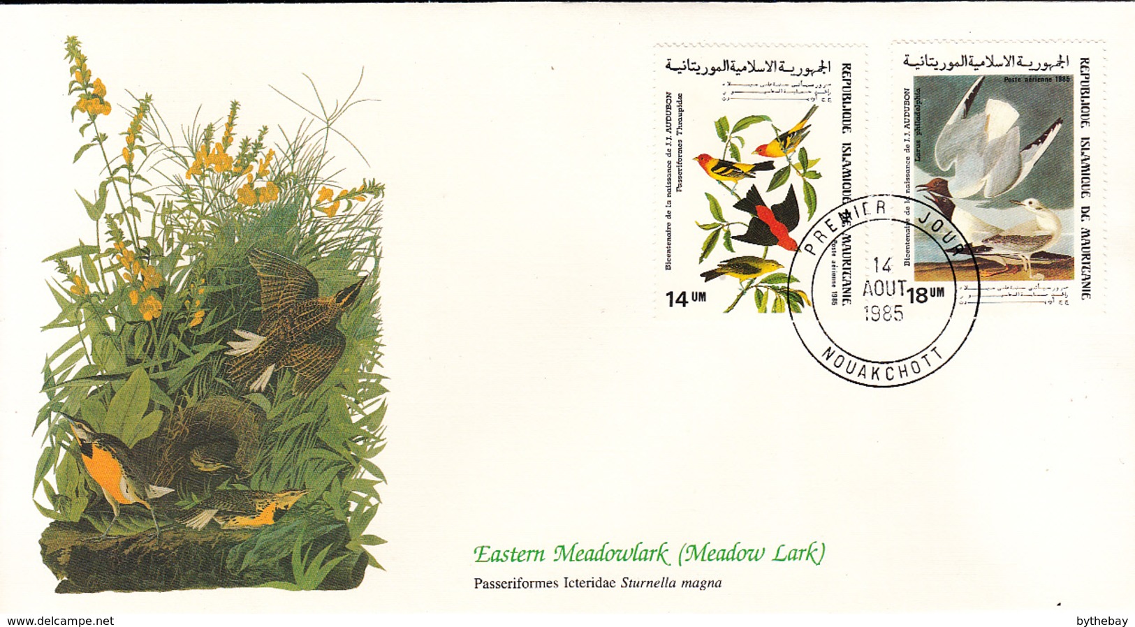 Mauritania 1985 FDC Scott #C238, #C239 Tanager, Bonaparte's Gull Audubon Birds - Mauritanie (1960-...)