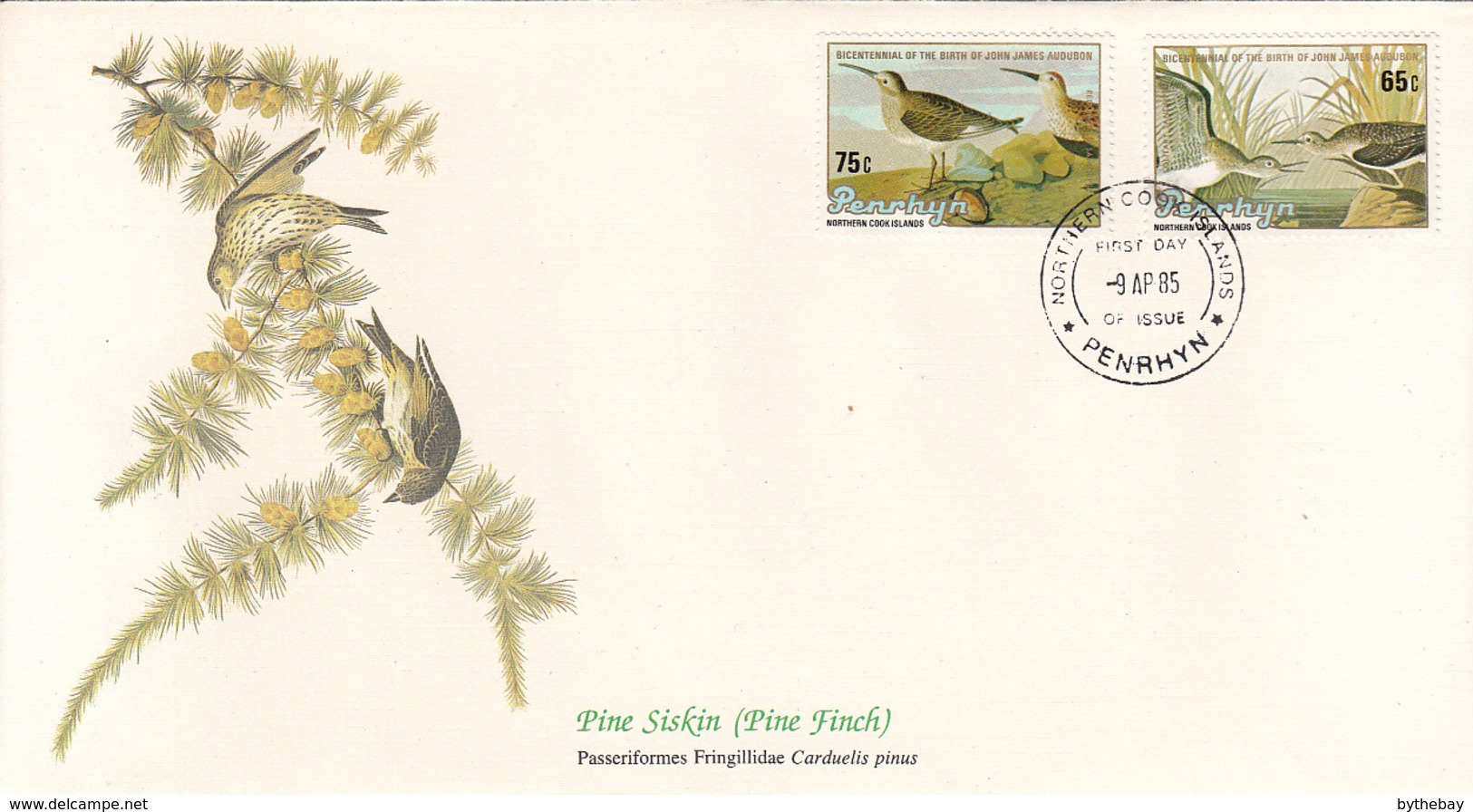 Penrhyn 1985 FDC Scott #313, #314 Solitary Sandpiper, Red-backed Sandpiper Audubon Birds - Penrhyn