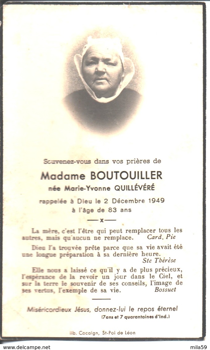 Souvenir De Madame Boutouiller Née Marie Yvonne Quillévéré Décédée Le 2 Décembre 1949. Lib Cocaign Saint Pol De Léon. - Religion & Esotérisme