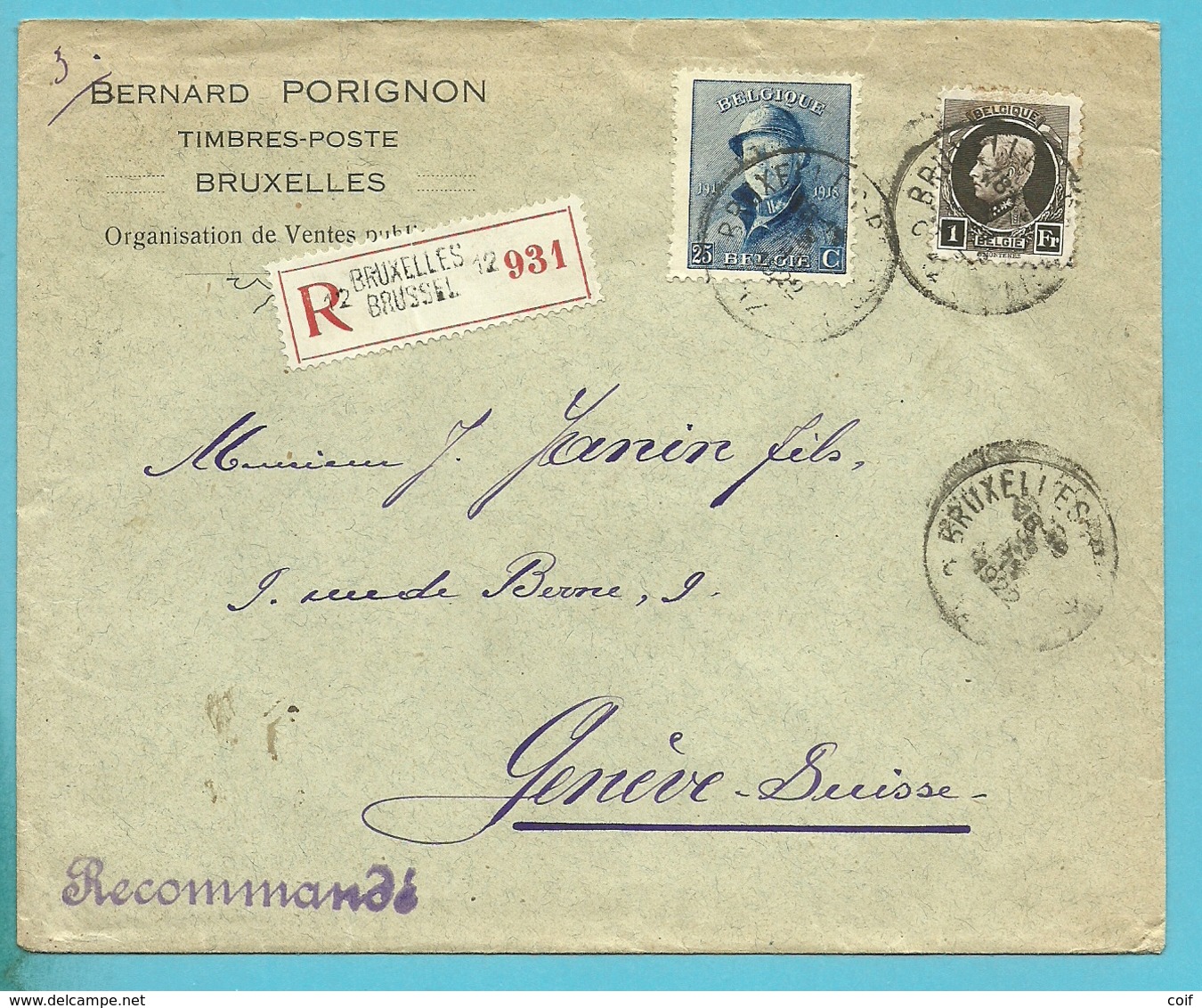 171+214 Op Brief Aangetekend Stempel BRUXELLES Naar Geneve (Suisse) - 1919-1920  Cascos De Trinchera