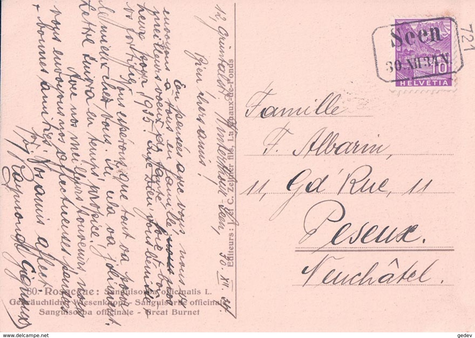 Cachet Rectangulaire "SEEN 30.XII.34 N" Sur Carte Postale (301234) 10x15 - Marcophilie