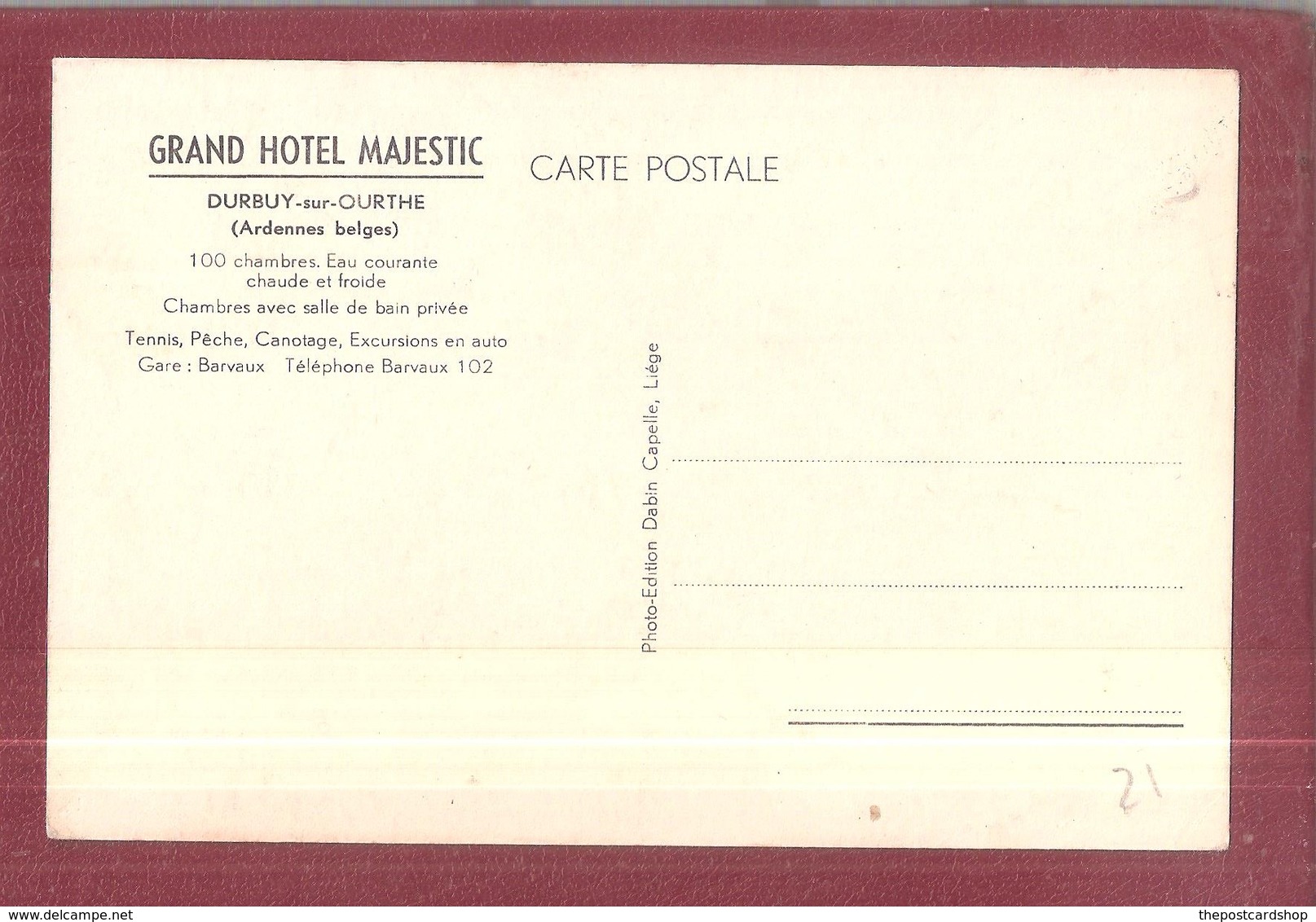 GRAND HOTEL MAJESTIC ADVERT Advertising POSTCARD Durbuy Sur Ourthe Ardennes Belges - Durbuy