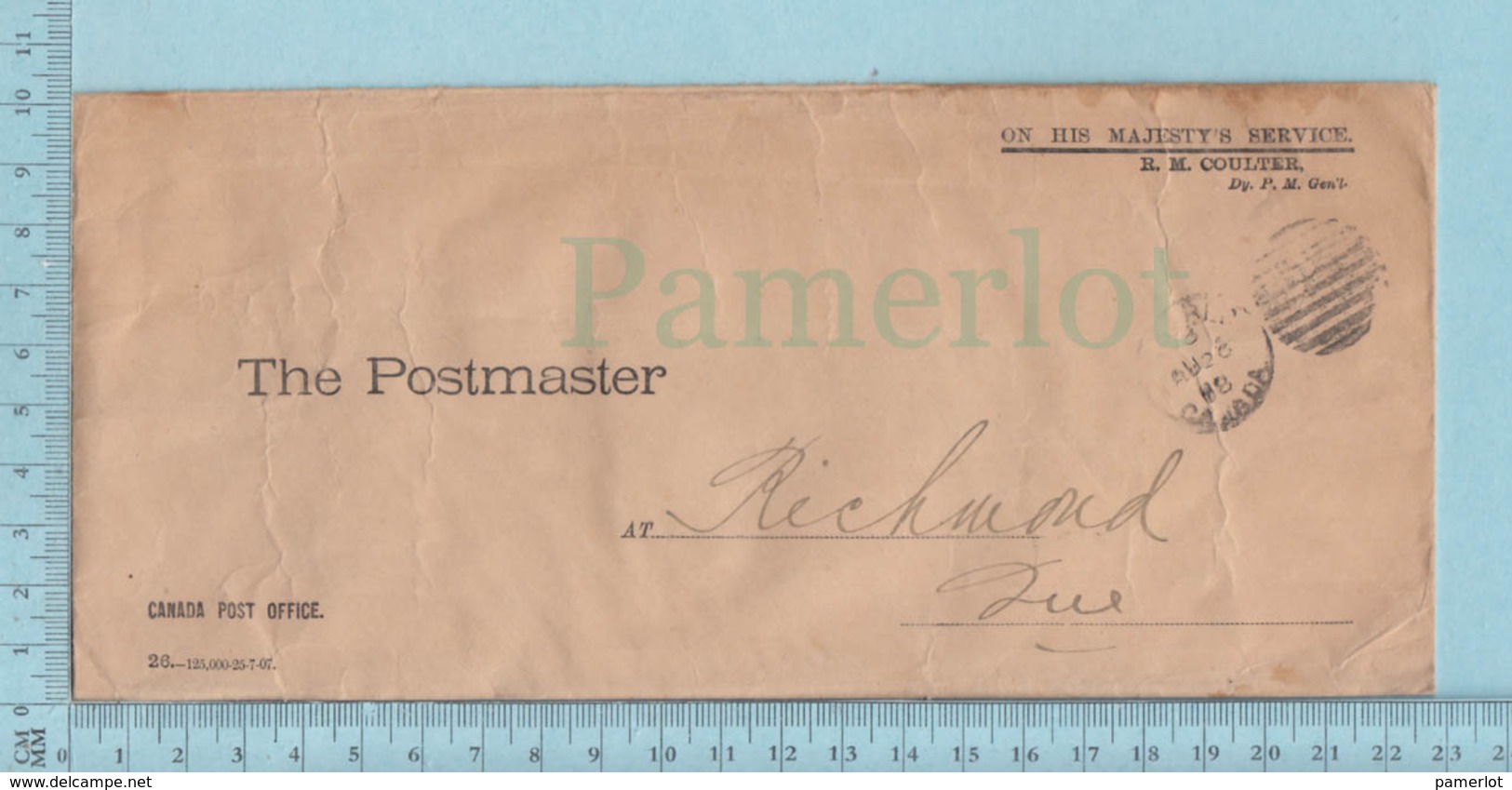 Canada 1908, Stampless, Sous Ministre Des Postes Coulter Au Maitre De PostePostmaster Envelope OHMS, - Briefe U. Dokumente