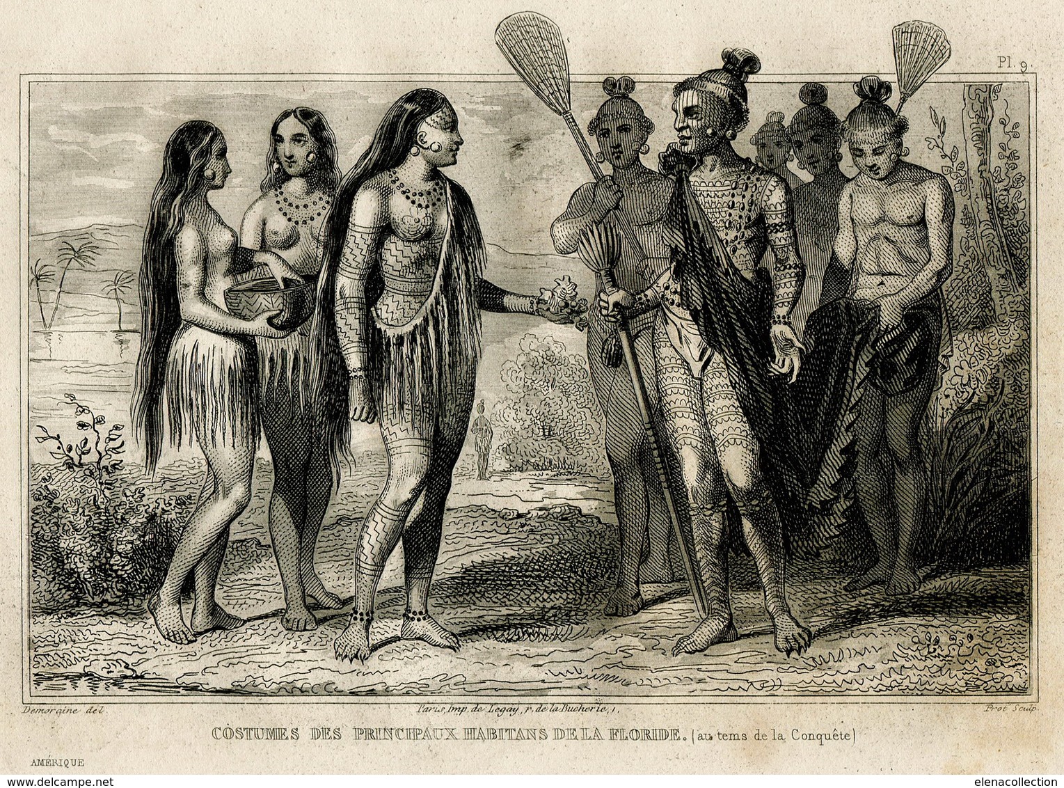 USA America Indians Florida Costume Clothing Warrior Tattoo Ny Leader Antique Engraving 1859 - Estampes & Gravures