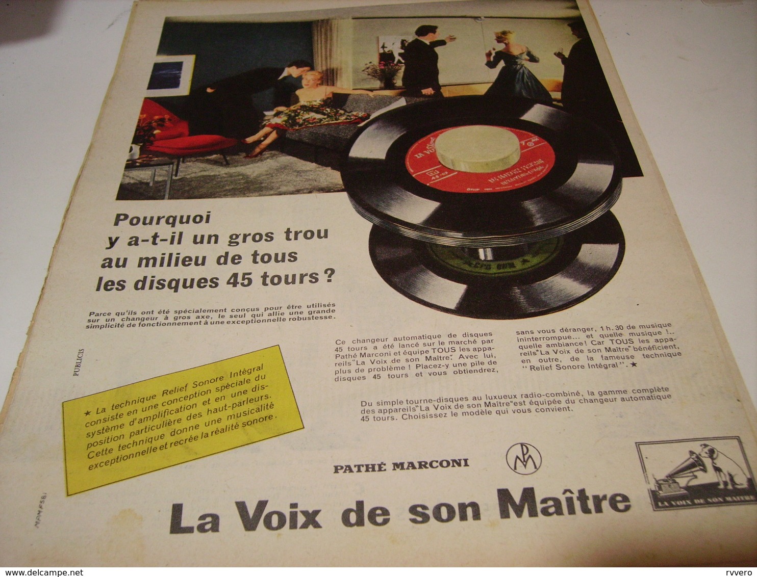 ANCIENNE PUBLICITE POURQUOI UN GROS TROU DISQUE 45 T DE DISQUE PATHE MARCONI  1958 - Other & Unclassified