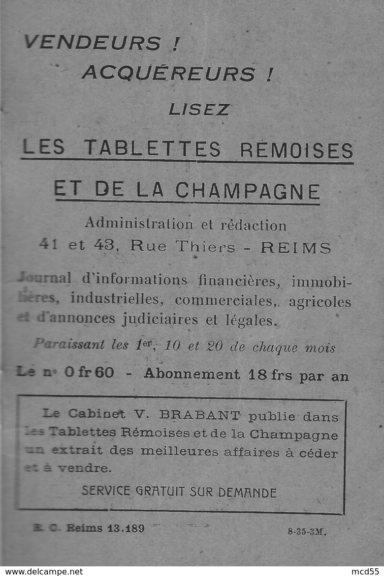 REIMS (51-Marne) Cabinet V.Brabant   " Conseils Pratiques Aux Acheteurs Et Vendeurs" - Andere & Zonder Classificatie