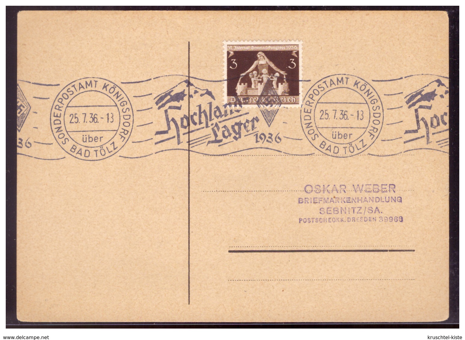 Dt- Reich (006377) Postkarte Mit Rollstempel Hochlandlager HJ 1936, Sonderpostamt Königsdorf über Bad Tölz Vom 25.7.1936 - Briefe U. Dokumente