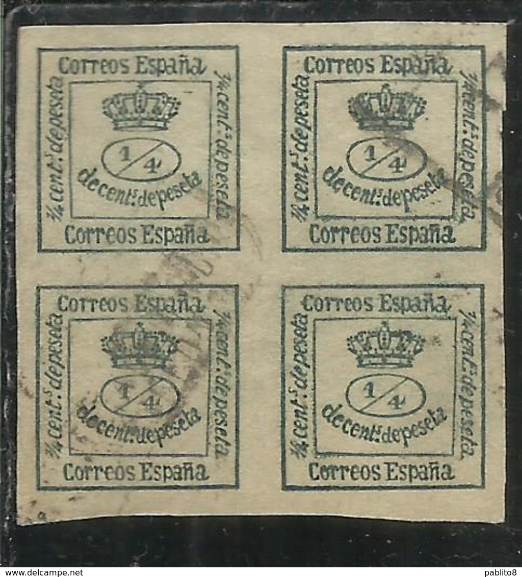 SPAIN ESPAÑA SPAGNA 1873 ROYAL MURAL CROWN 1/4c BLOCK OF 4/4c CENT. 1 USATO USED OBLITERE' - Oblitérés