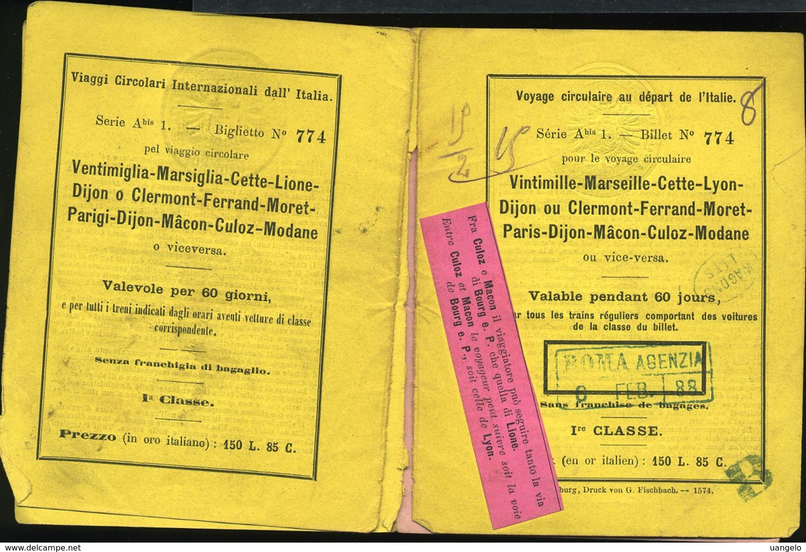 150 BIGLIETTO 1888 VIAGGIO CIRCOLARE DALL'ITALIA VENTIMIGLIA MARSIGLIA PARIGI MODANE CON MAPPA - Altri & Non Classificati