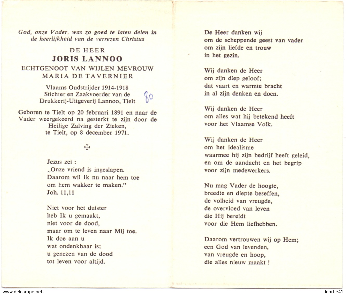 Devotie - Doodsprentje Overlijden - Oudstrijder - Stichter Drukkerij - Joris Lannoo - Tielt 1891 - 1971 - Avvisi Di Necrologio