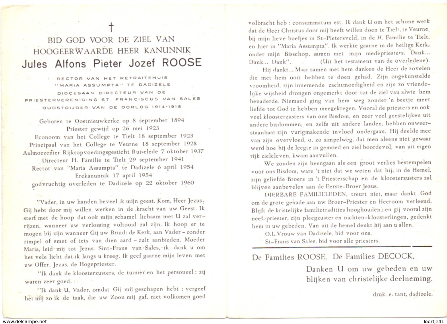 Devotie - Doodsprentje Overlijden - Priester Rector Jules Roose - Oostnieuwkerke 1894 - Tielt Veurne Dadizele 1960 - Overlijden