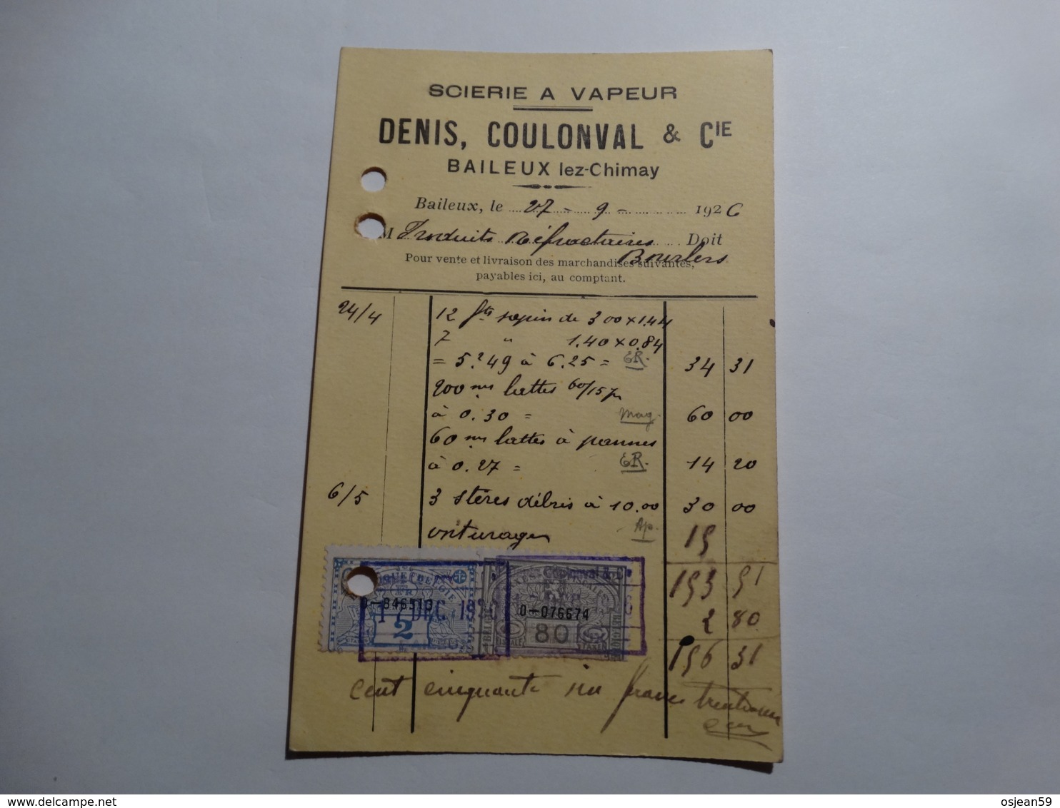 Belgique-2 Timbres Fiscaux  Sur Document (facture) ,scierie Coulonval à Baileux (chimay)27/09/1926. - Documents