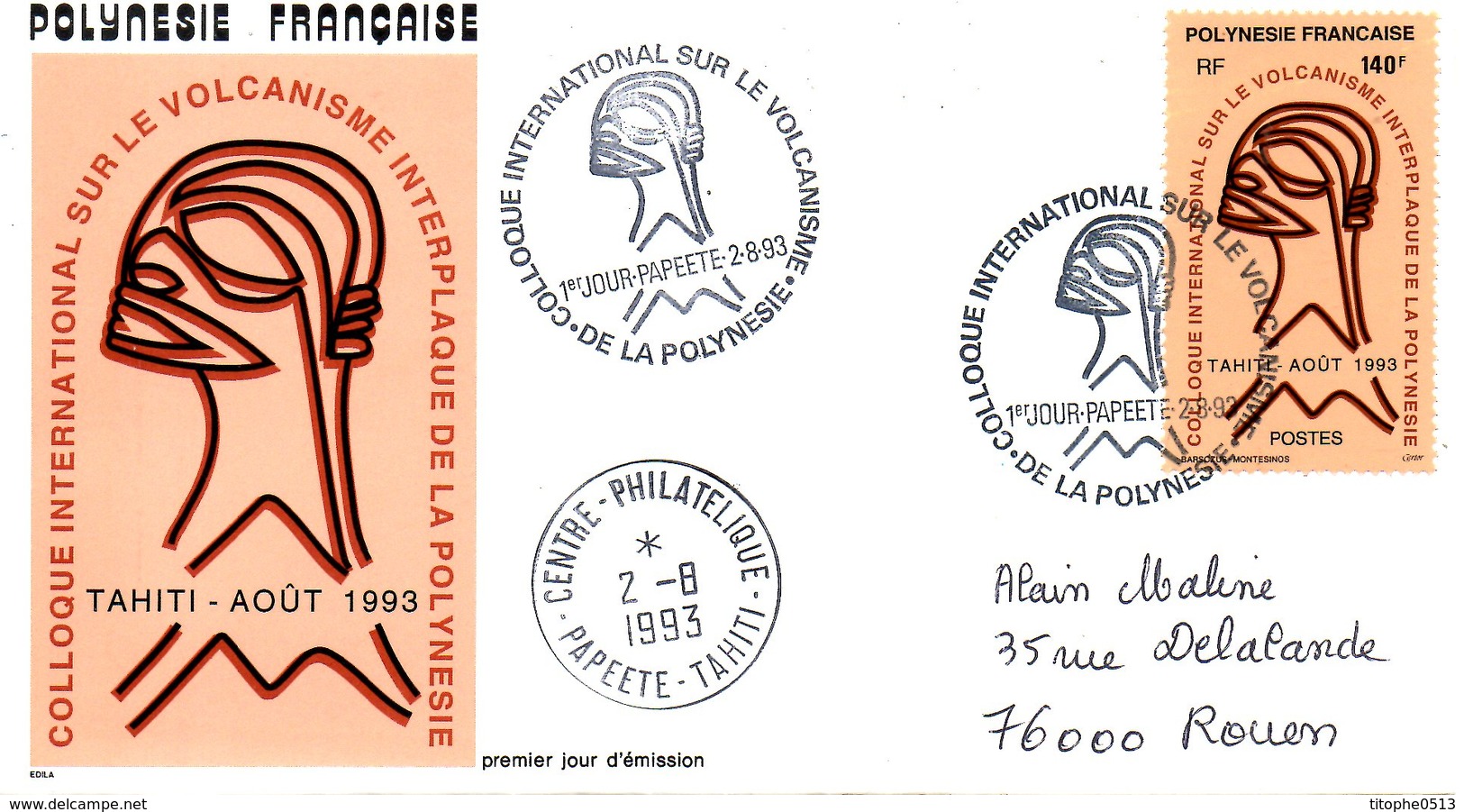 POLYNESIE. N°438 De 1993 Sur Enveloppe 1er Jour Ayant Circulé. Colloque Sur Le Volcanisme Interplaque De La Polynésie. - Volcanos