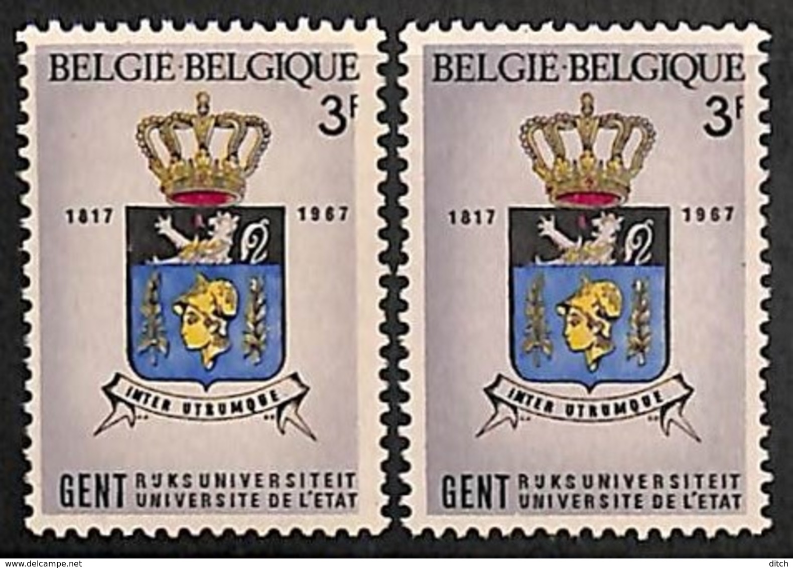 D - [205223]BELGIQUE 1967 - N° 1434-cur, Armoiries De Gent, Légende Et 'F' Dans La Marge Droite, Décalage, 2 Variantes E - Sonstige & Ohne Zuordnung