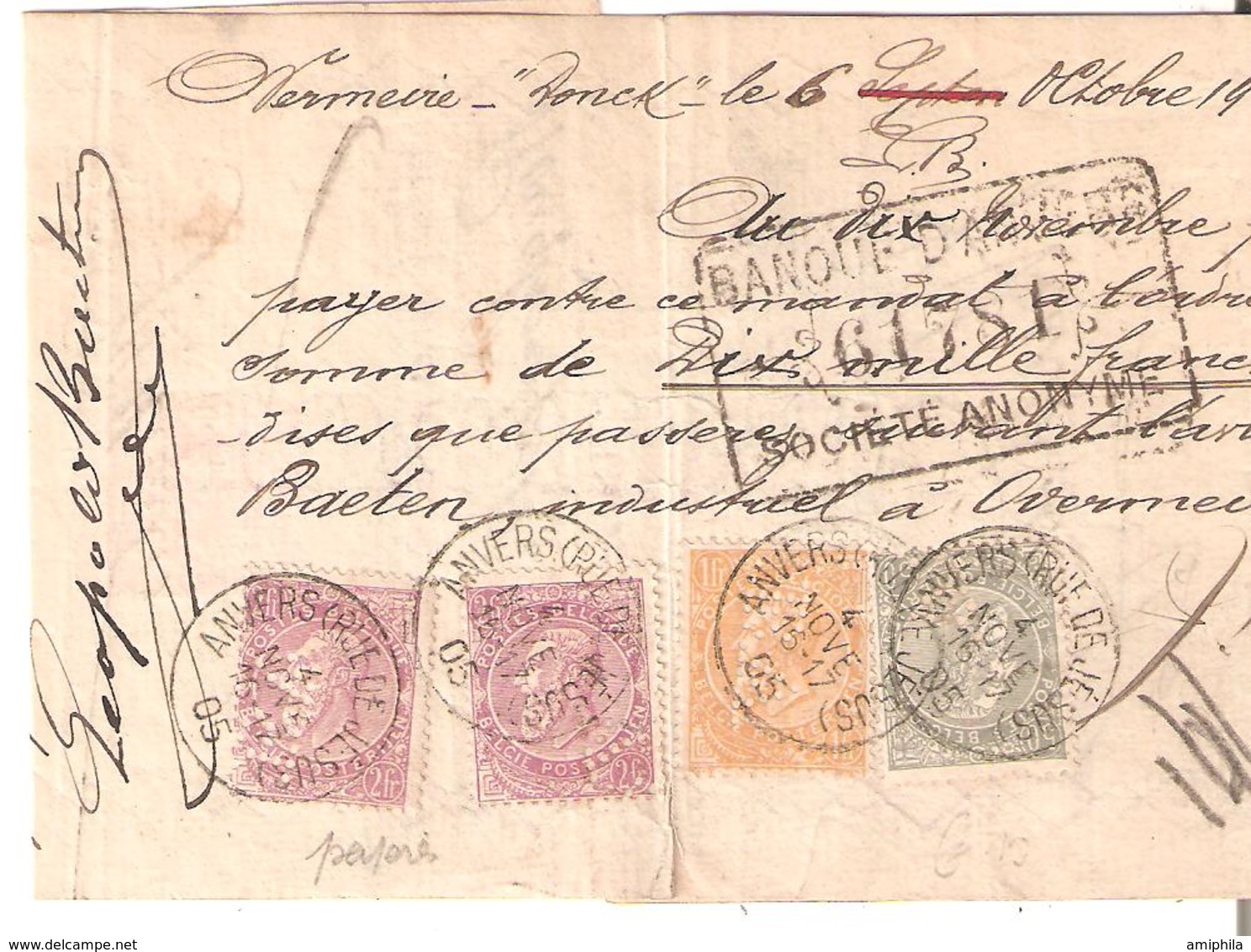 MANDAT De 10000frs TP. PERF. N°63-65-67(2) Càd ANVERS  4/11/1905 Affr. RARE De 5,50Fr Voir Dos - 1893-1900 Thin Beard