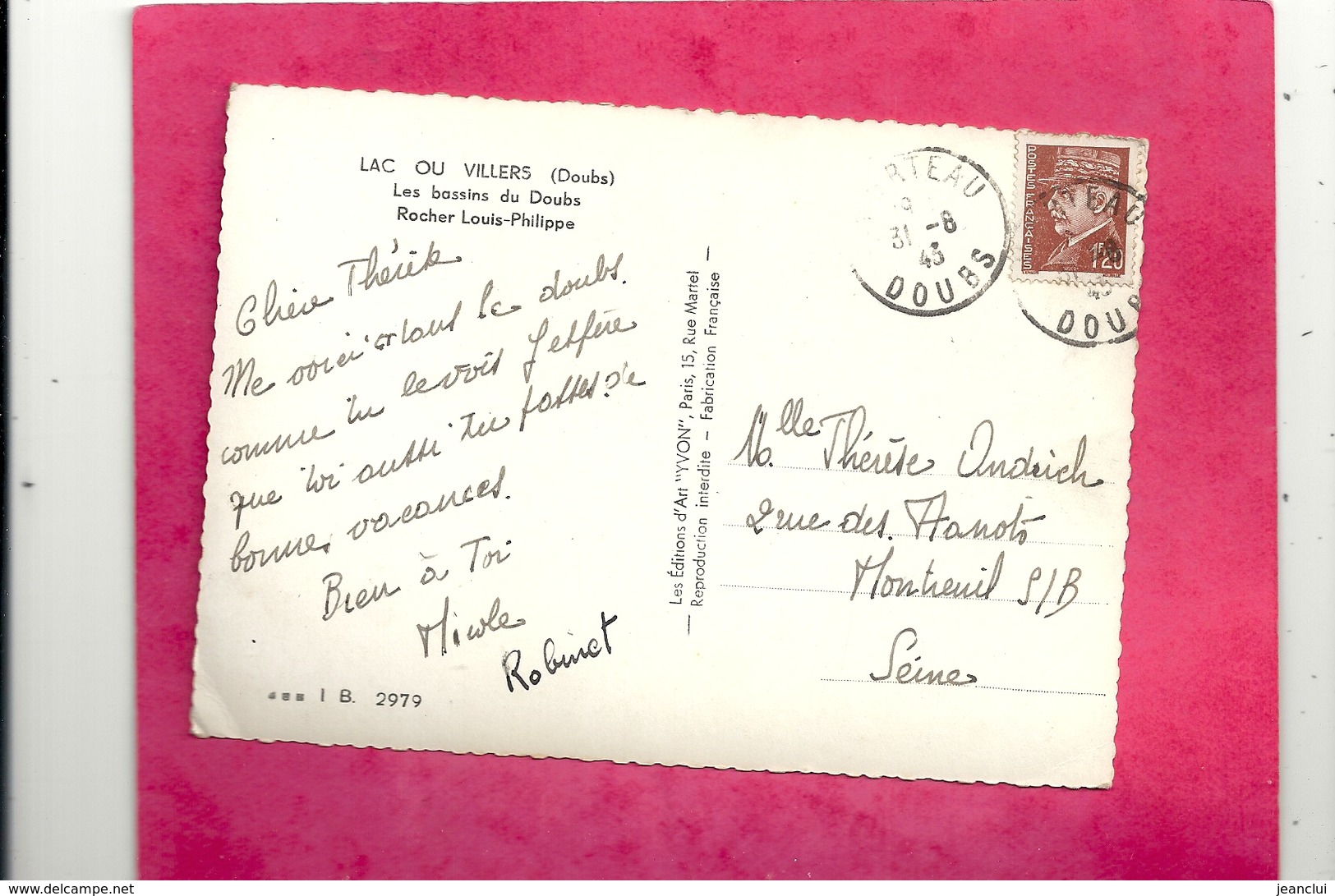 CPM.LAC OU VILLERS .LES BASSINS DU DOUBS . ROCHER LOUIS-PHILIPE  . AFFR AU VERSO TYPE " PETIN " DU 31-8-1943 . 2 SCANES - Autres & Non Classés