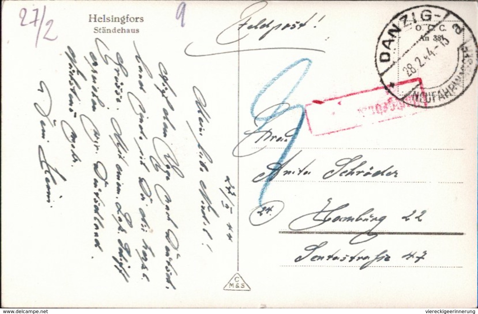 ! S/w Ansichtskarte Helsingfors, 1944 Feldpost 2. WK, Danzig Neufahrwasser, Nachgebühr, Hamburg, Lazarettschiff - Sonstige & Ohne Zuordnung