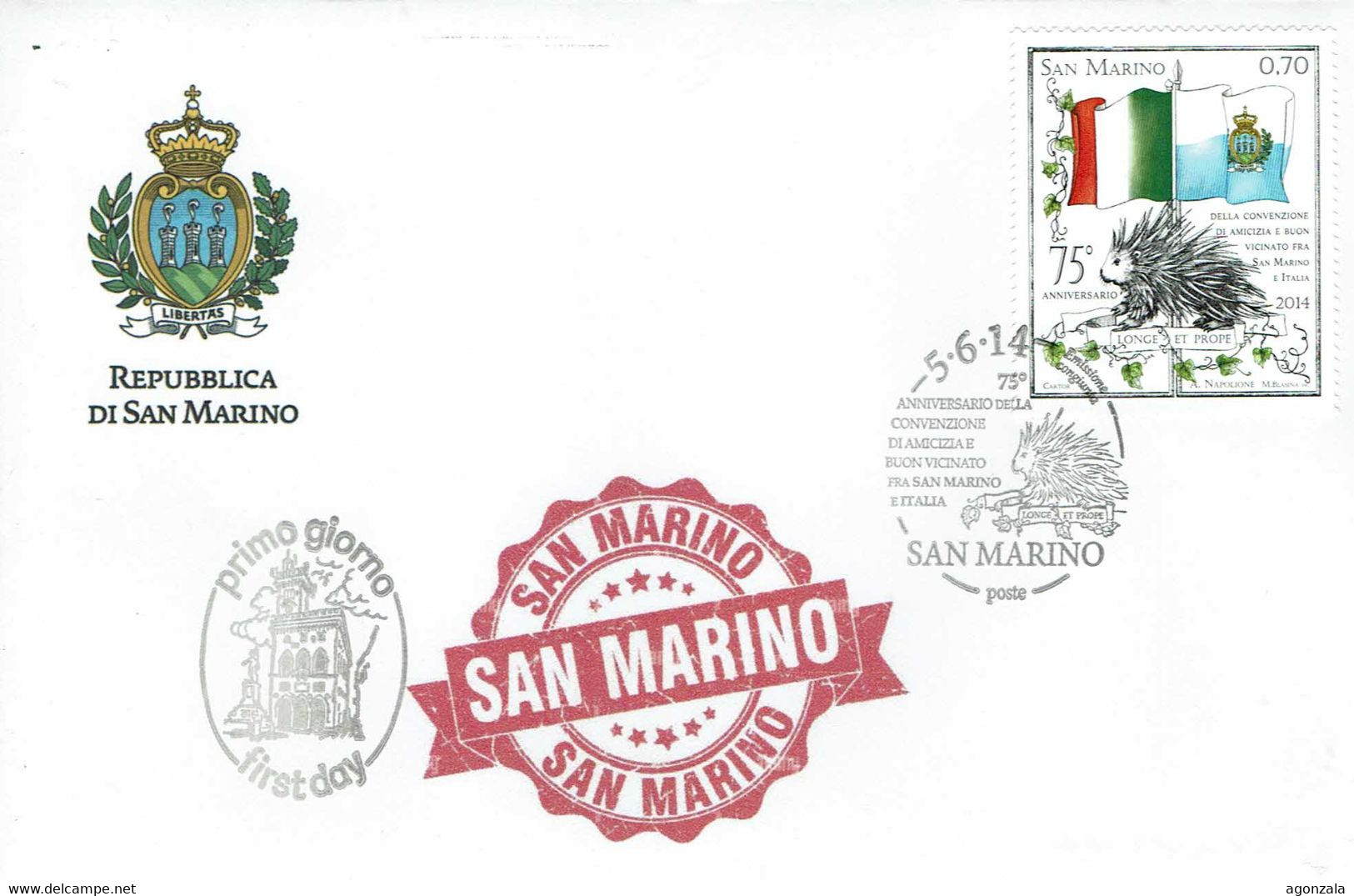 FDC SAN MARINO AMITIÉ ITALIE SAN MARIN - PUERCO ESPIN - DRAPEAUX 2014 - Roditori