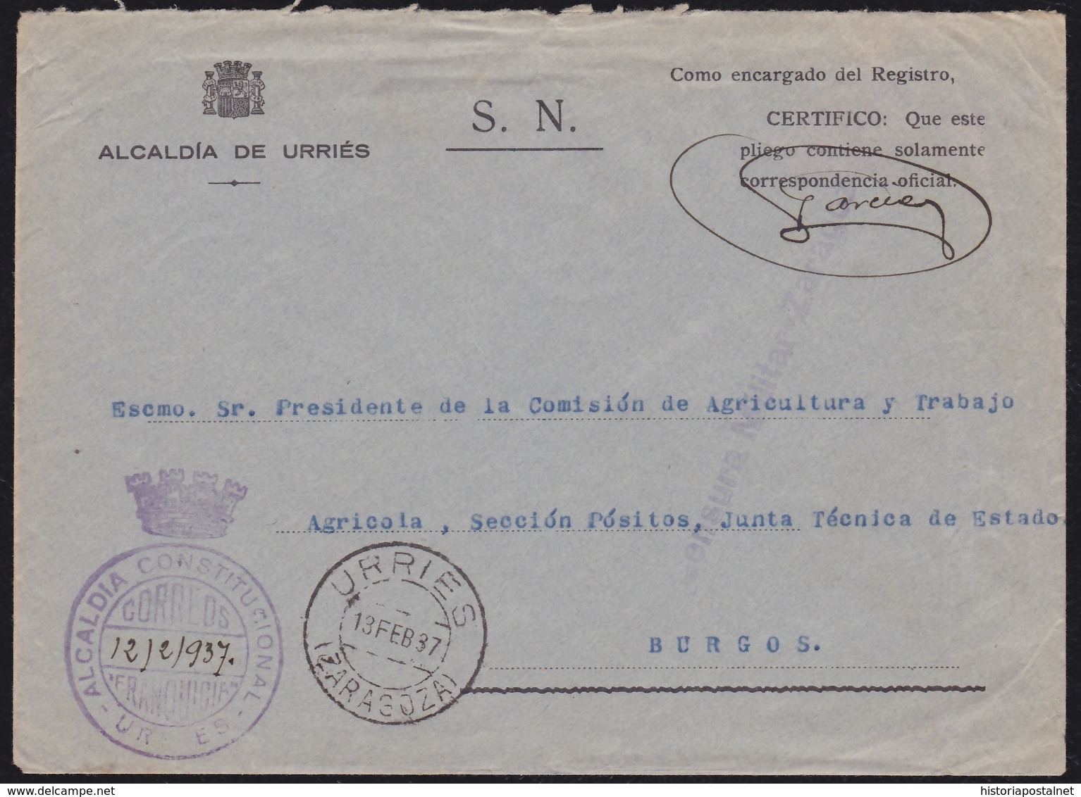 GUERRA CIVIL. 1937. URRIÉS A BURGOS. FRANQUICIA ALCALDÍA CONSTITUCIONAL. CENSURA. TRÁNSITO POR SOS DEL REY CATÓLICO. - Cartas & Documentos