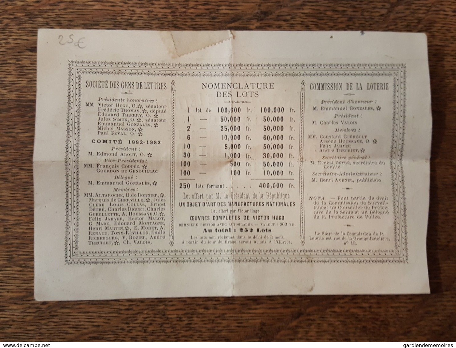 1882 Billet Loterie Société Des Gens De Lettres, Victor Hugo Président Honoraire - Billets De Loterie