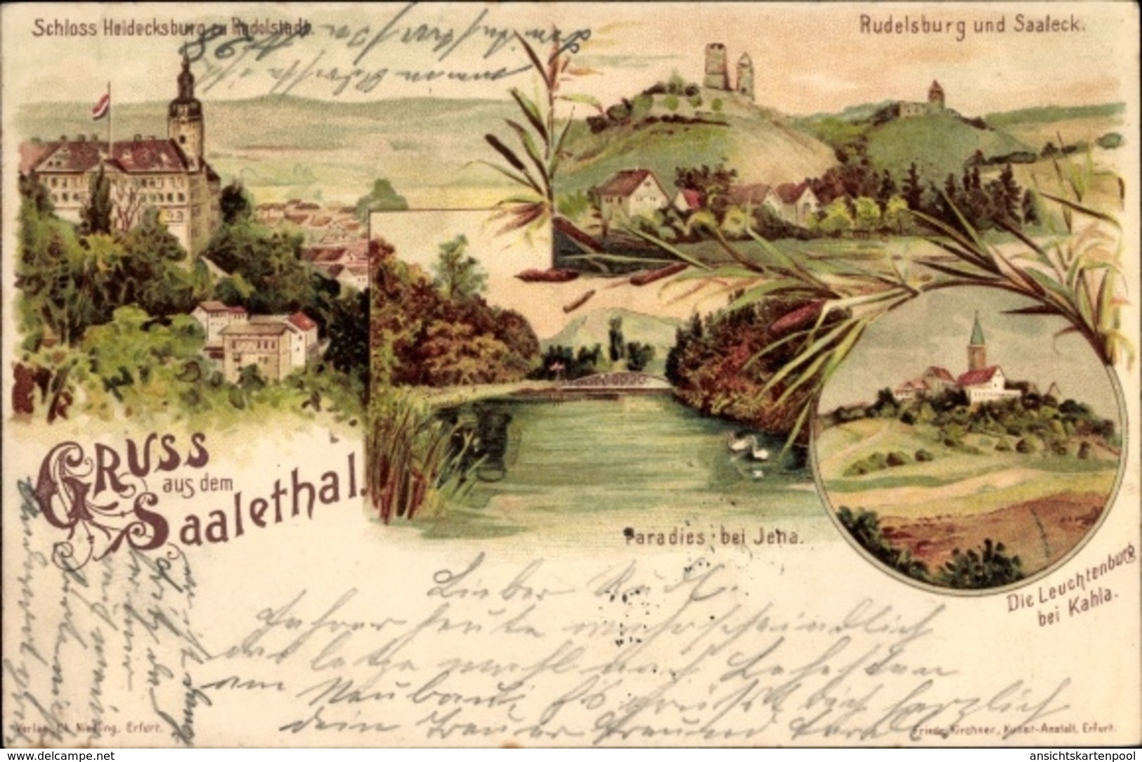 Lithographie Saaleck Bad Kösen, Schloss Heidecksburg Rudolstadt, Paradies Jena, Leuchtenburg, Rudelsburg - Sonstige & Ohne Zuordnung
