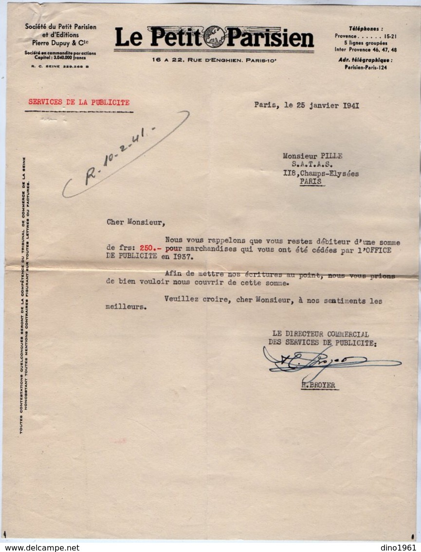 VP13.371 - Lettre - Société Du ¨ PETIT PARISIEN ¨ à PARIS Rue D'Enghien - Imprimerie & Papeterie