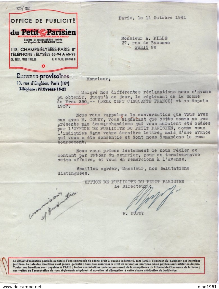 VP13.372 - Lettre - Office De Plubicité Société Du ¨ PETIT PARISIEN ¨ à PARIS Avenue Des Champs - Elysées - Imprimerie & Papeterie