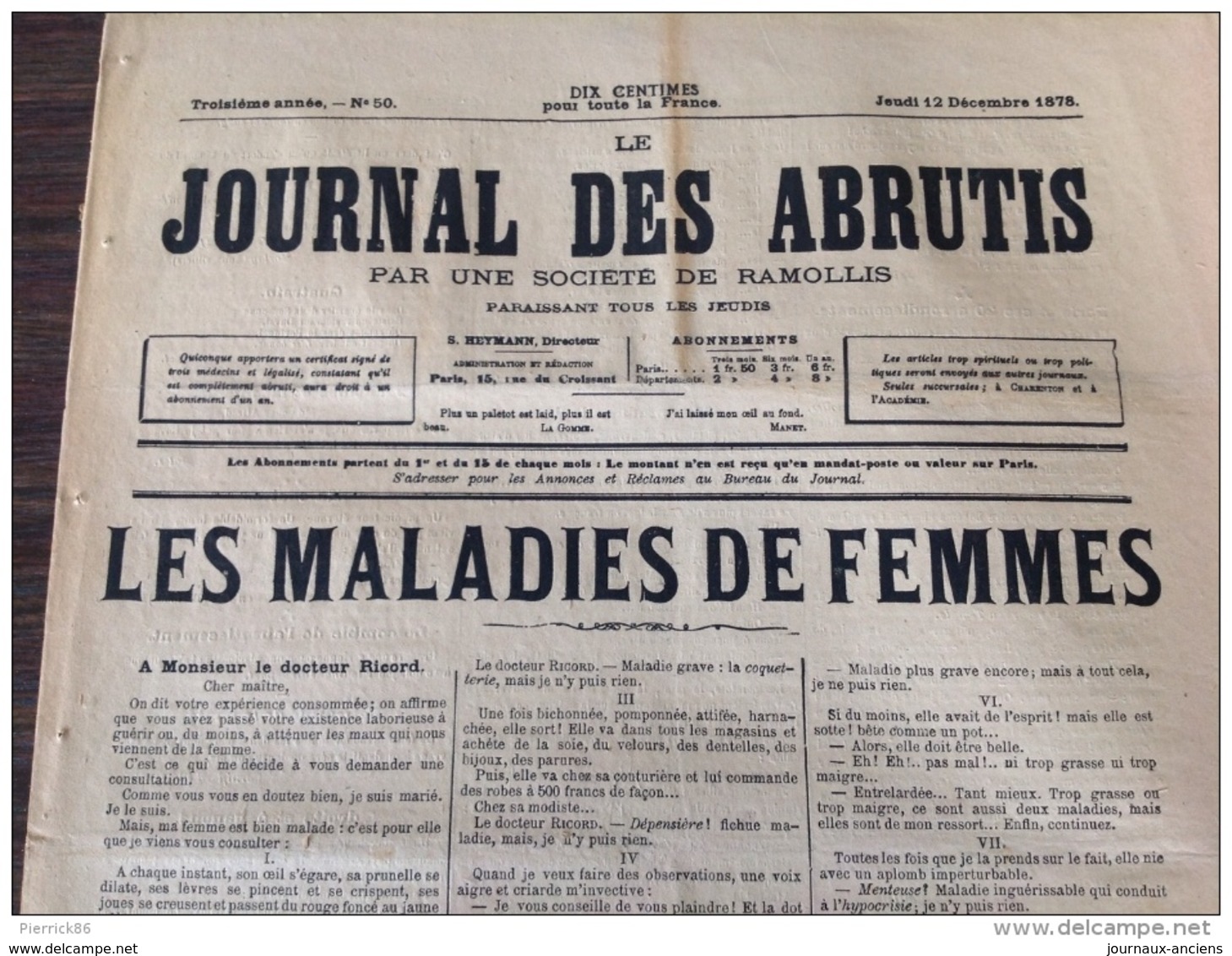 1878 JOURNAL DES ABRUTIS Par Une Société De Ramollis / LA MALADIE DES FEMMES - Sammlungen