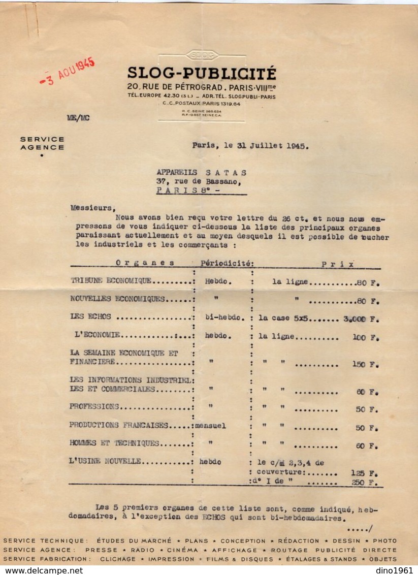 VP13.374 - Lettre De Mr EGLOFF  Agence ¨ SLOG - PUBLICITE ¨ à PARIS Rue De Pétrograd - Imprimerie & Papeterie