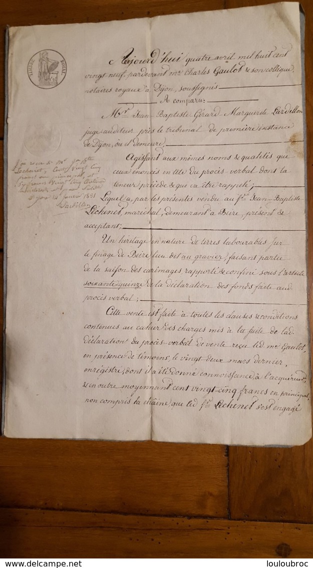 ACTE DE   04/1829  NOTAIRES ROYAUX A DIJON  CONCERNANT DES BIENS  LECHENET A BEIRE LE CHATEL - Historische Documenten