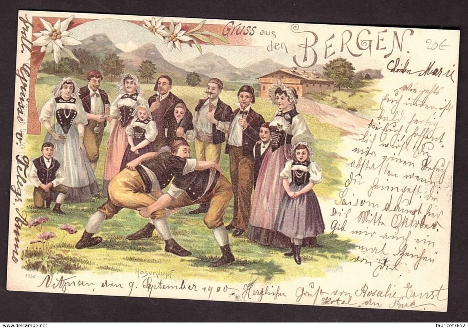 GRUSS AUS BERGEN Très Belle Carte Litho LUTTEURS De Carl KUNZLI Avec Timbre Suisse Et Cachet De 1900 De VITZNAU - Pöchlarn