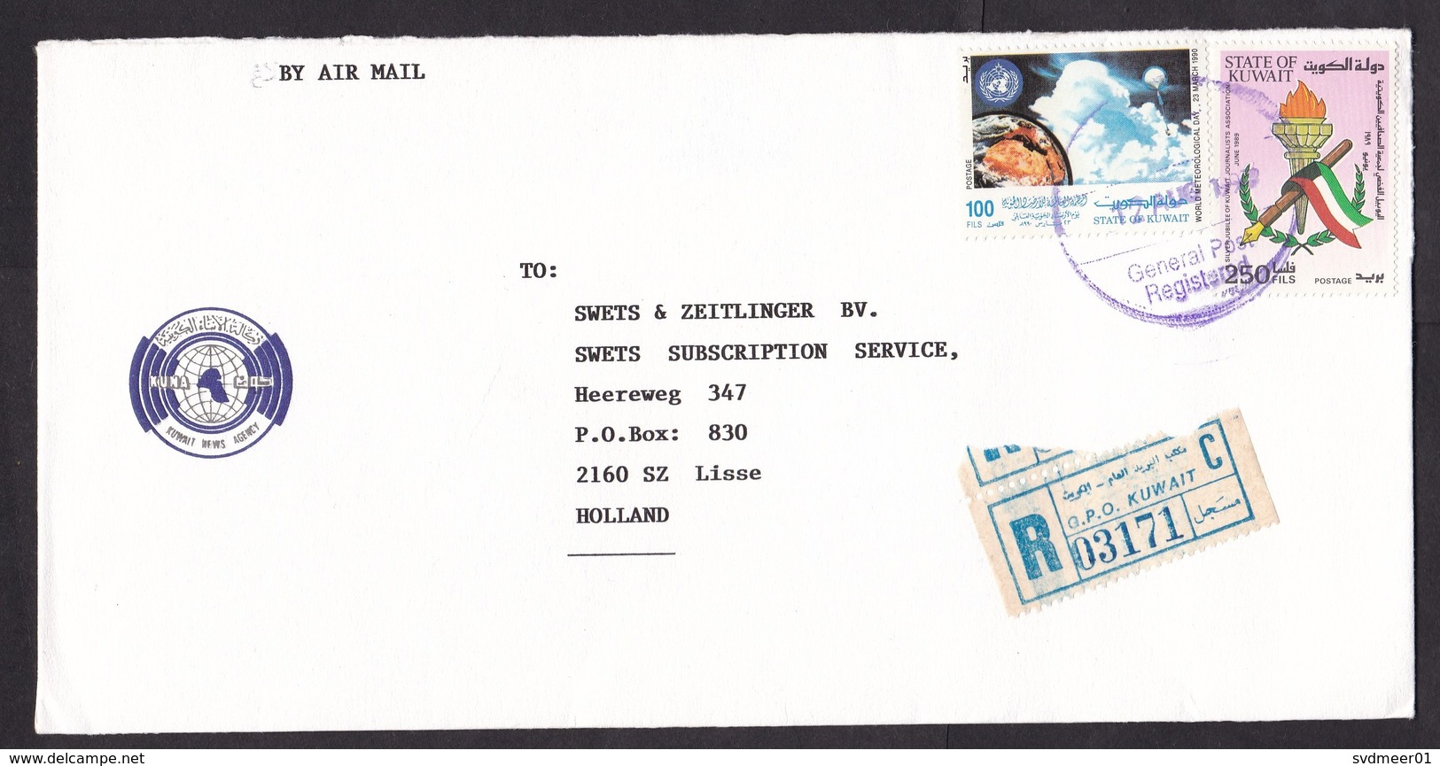 Kuwait: Registered Airmail Cover To Netherlands, 1993, 2 Stamps, Meteorology, Journalism, R-label GPO (traces Of Use) - Koeweit