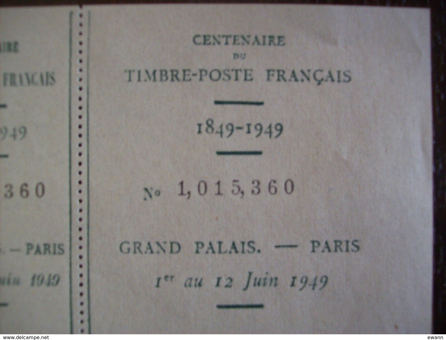 Billet D'entrée - Centenaire Du Timbre-Poste Français - Grand Palais, Paris - 1949 - Tickets D'entrée