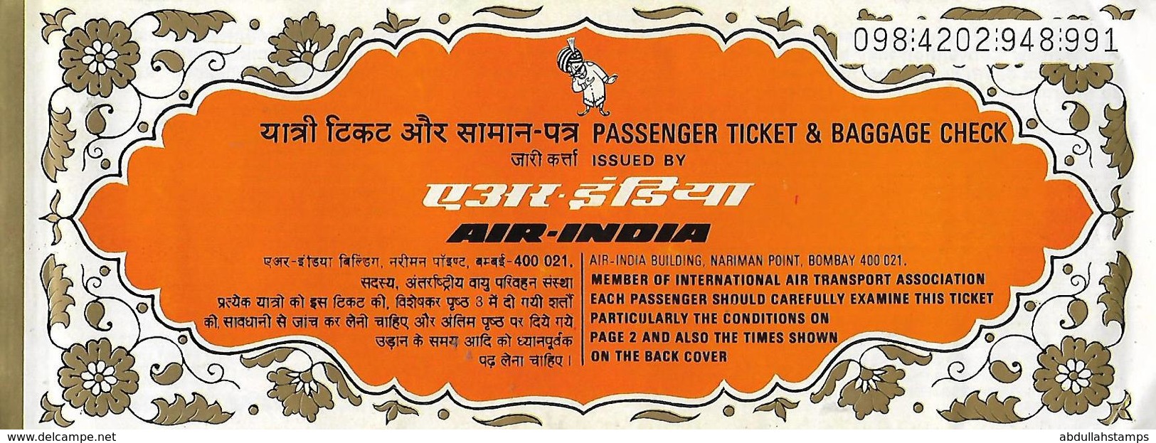 AIR INDIA AIRLINES  PASSENGER TICKET (  NEW YORK - LONDON). - Tickets