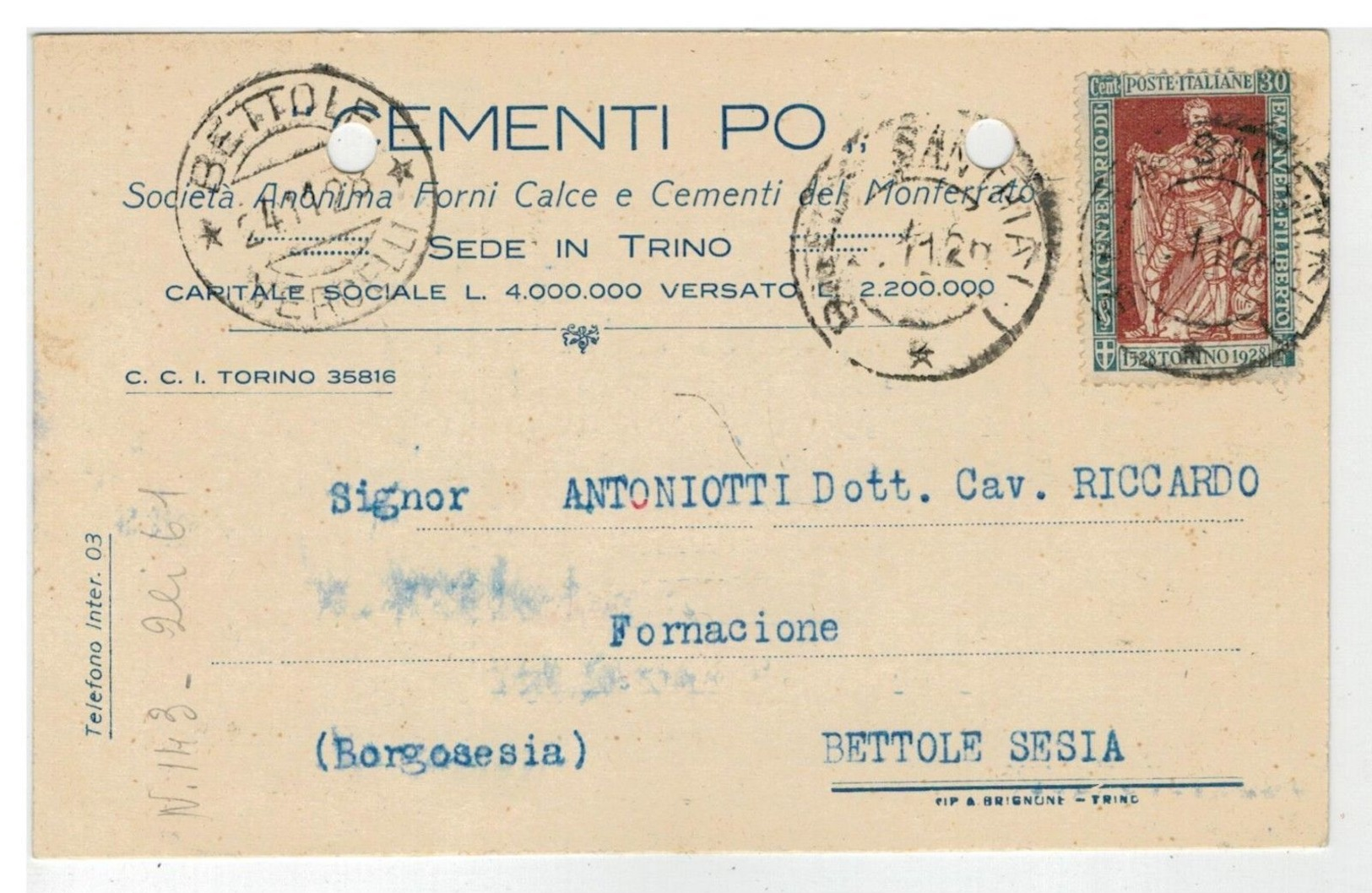 Cartolina Commerciale Trino Vercellese - Cementi Po - 1928 - Con Bel Francobollo - Vercelli