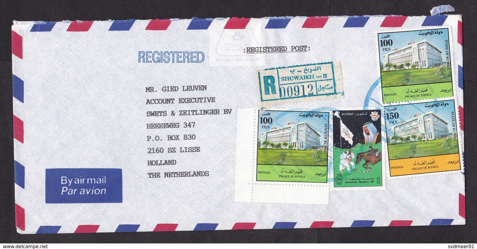 Kuwait: Registered Airmail Cover To Netherlands, 1993, 4 Stamps, Olympics, Justice, R-label Shuwaikh-B (traces Of Use) - Koeweit