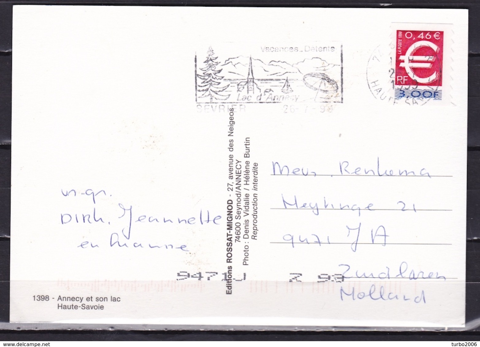 France 25-7-1999 Early Double Currency FFR 3,00 / € 0,46 Stamp On Postcard From Annecy - Zonder Classificatie