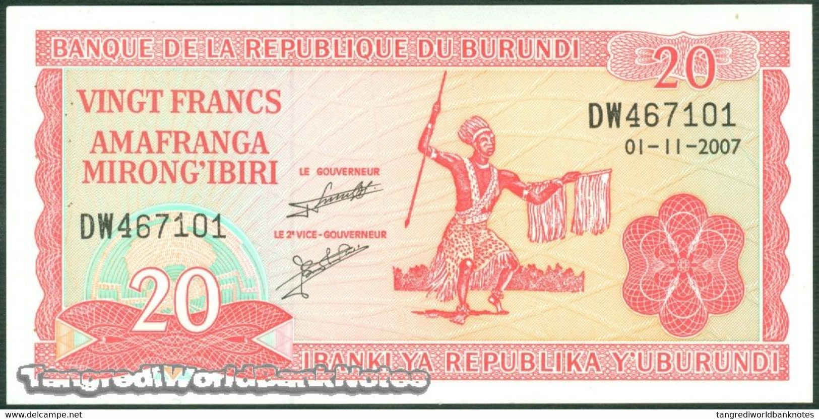 TWN - BURUNDI 27d6 - 20 Francs 1.11.2007 Prefix DW&#xFEFF; UNC - Burundi