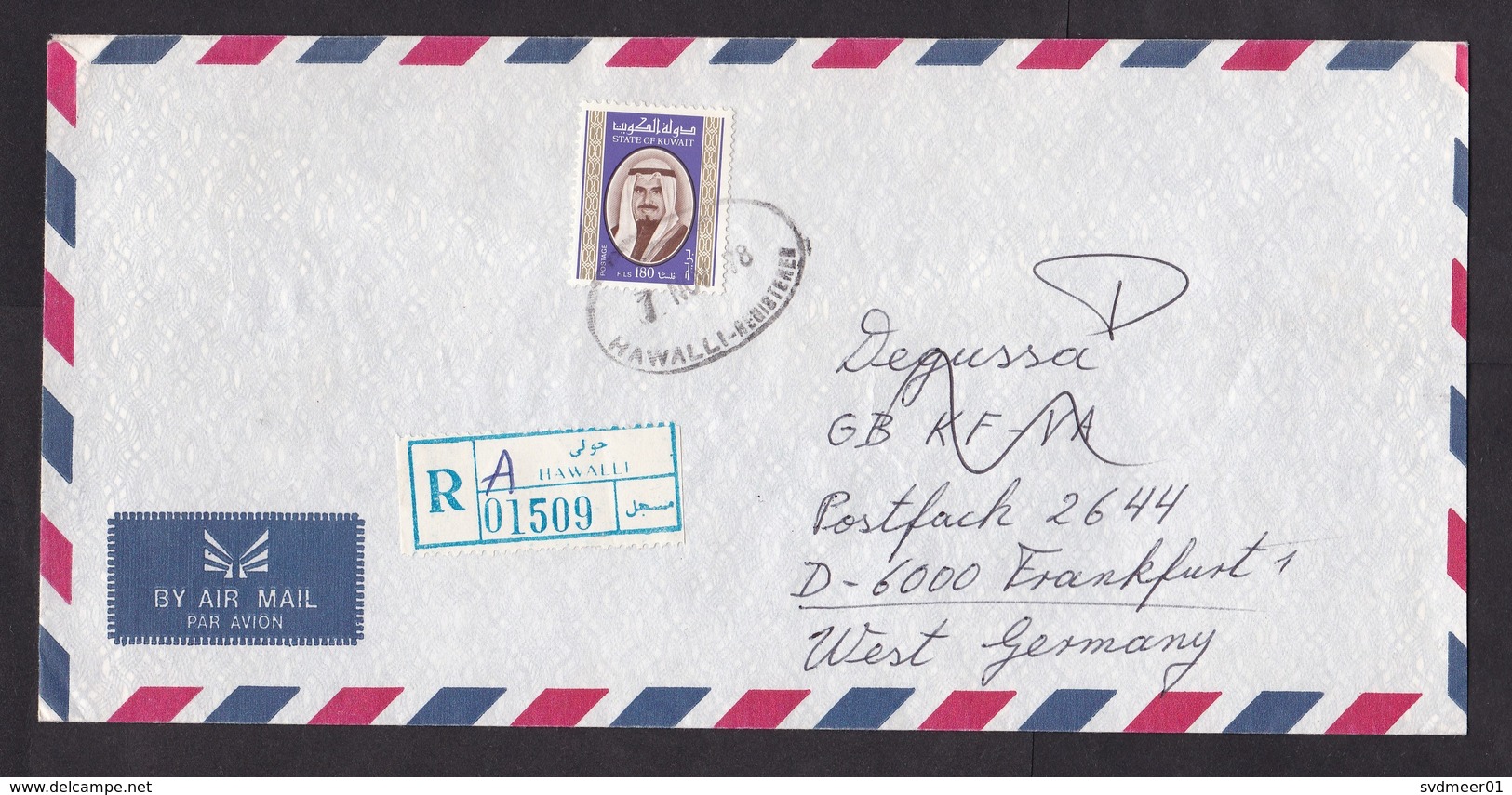 Kuwait: Registered Airmail Cover To Germany, 1978, 1 Stamp, Emir, R-label Hawalli (traces Of Use) - Koeweit