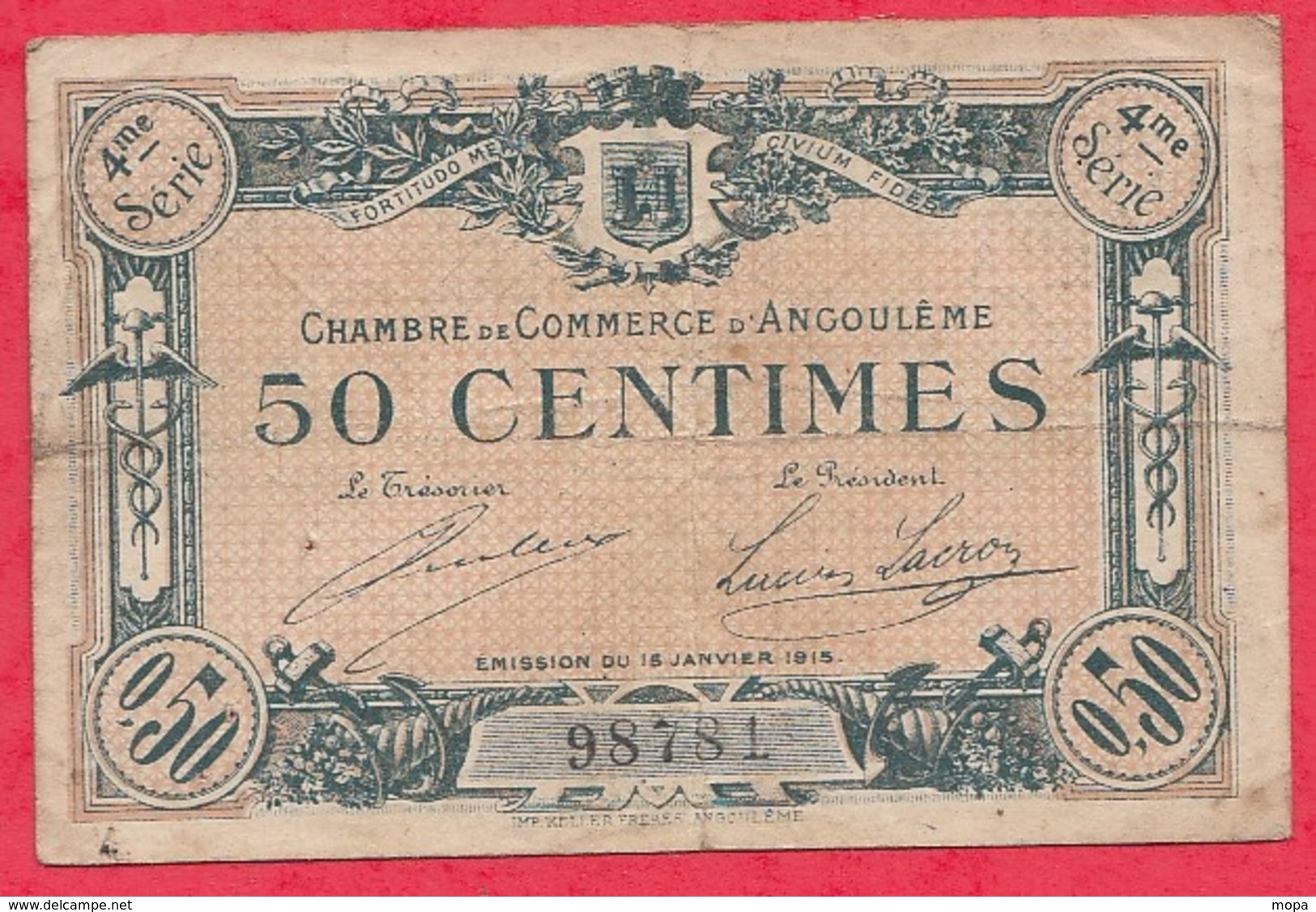 50 Centimes Chambre De Commerce D'Angoulème Du 15/01/1915  Dans L 'état - Chambre De Commerce