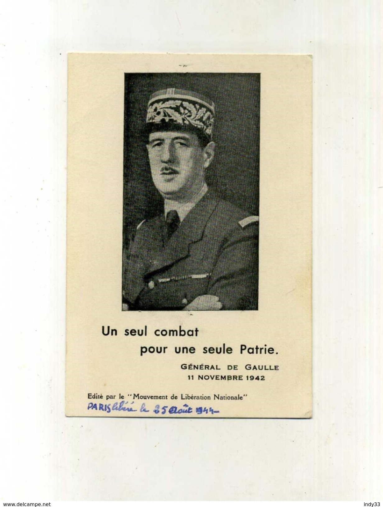 FRANCE . PETITE IMAGE DE PROPAGANDE 1944 . PORTRAIT DE DE GAULLE . - Autres & Non Classés