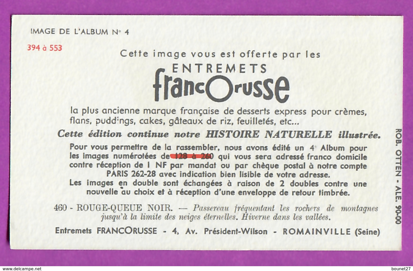 Image Histoire Naturelle " ENTREMETS FRANCORUSSE " N° 460 Oiseau LE ROUGE QUEUE NOIR Pour L'Album N° 4 - Other & Unclassified