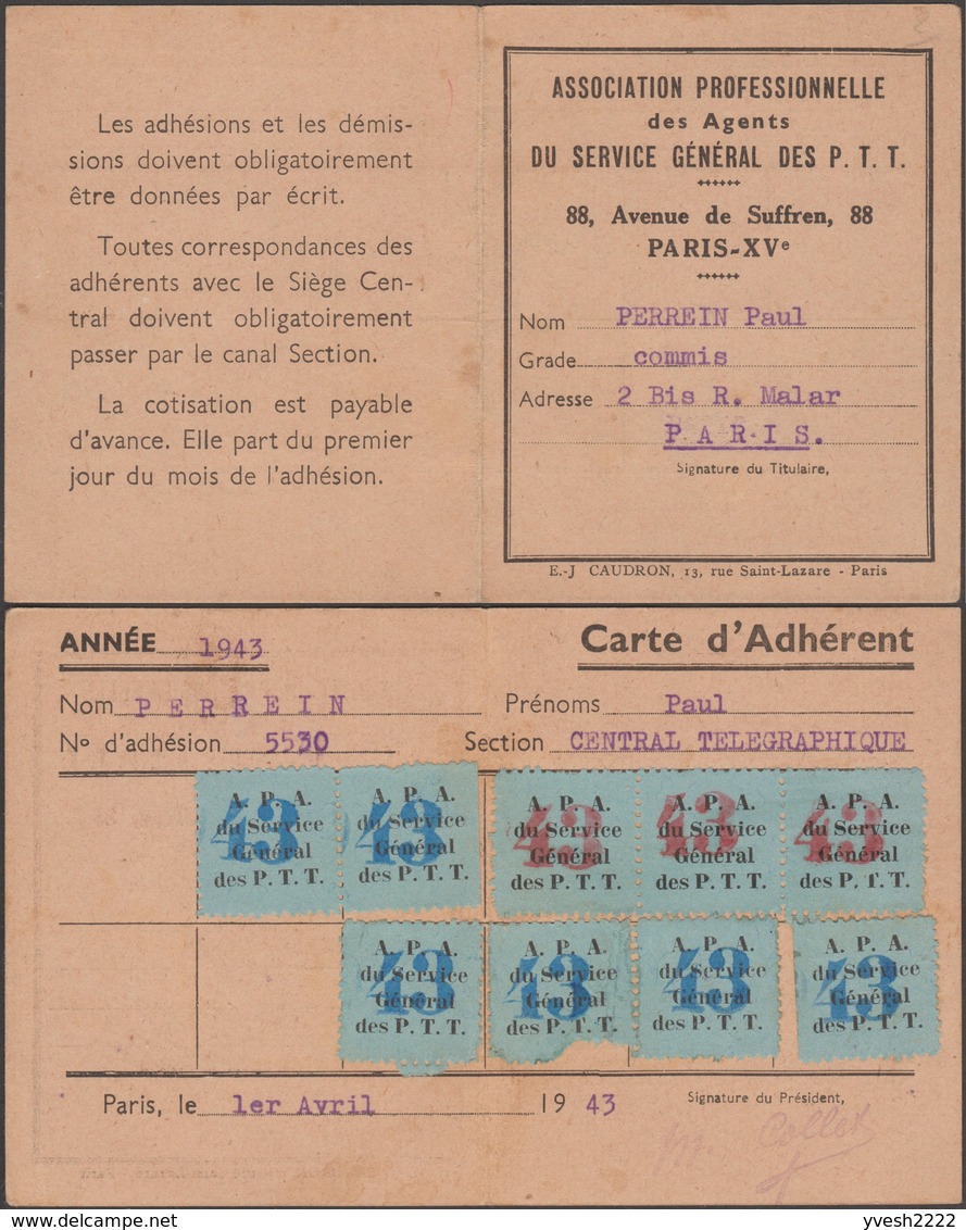 France 1943. Carte D'adhérent à L'association Professionnelle Des Agents Du Service Général Des PTT. Télégraphie - Poste