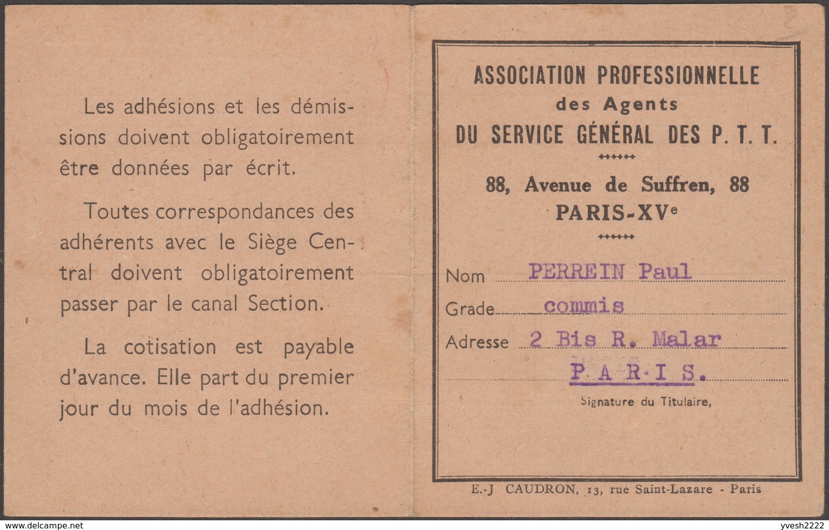 France 1943. Carte D'adhérent à L'association Professionnelle Des Agents Du Service Général Des PTT. Télégraphie - Poste