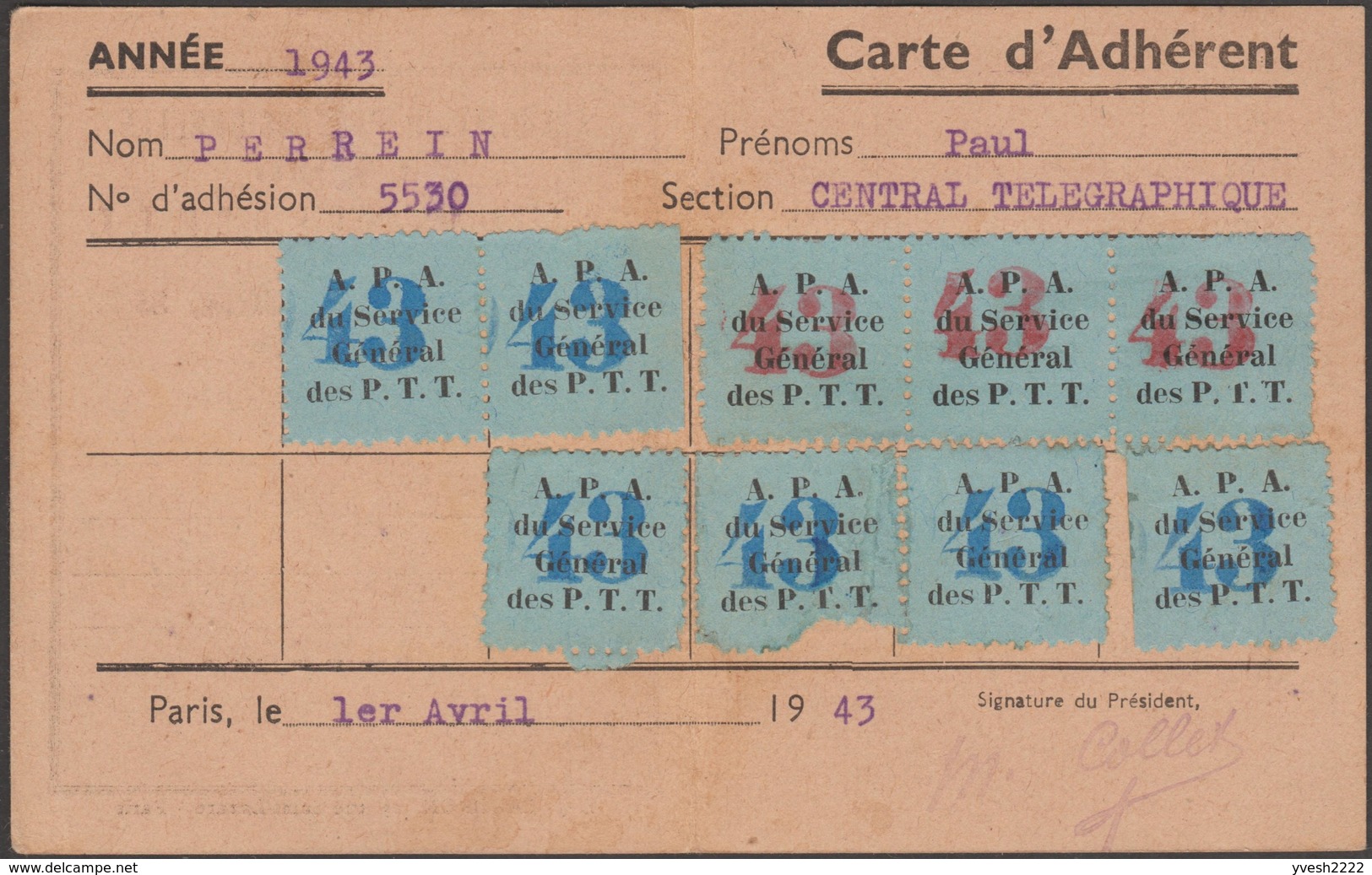 France 1943. Carte D'adhérent à L'association Professionnelle Des Agents Du Service Général Des PTT. Télégraphie - Poste