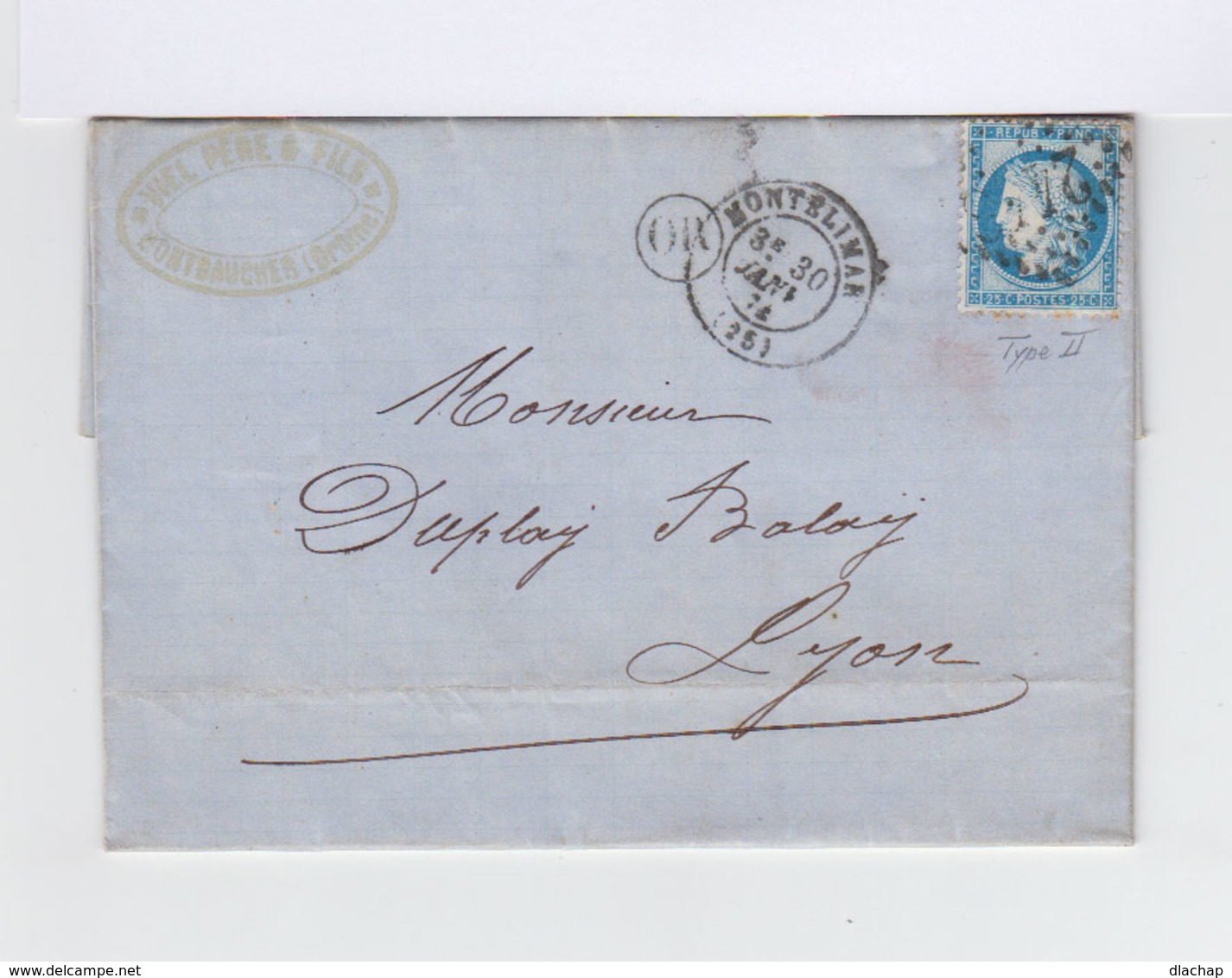 Sur Lettre AC Type Céres 25 C. Bleu Type II Oblitération Losange. CAD Montélimar 1874 Et Cachet OR. (882) - 1849-1876: Période Classique