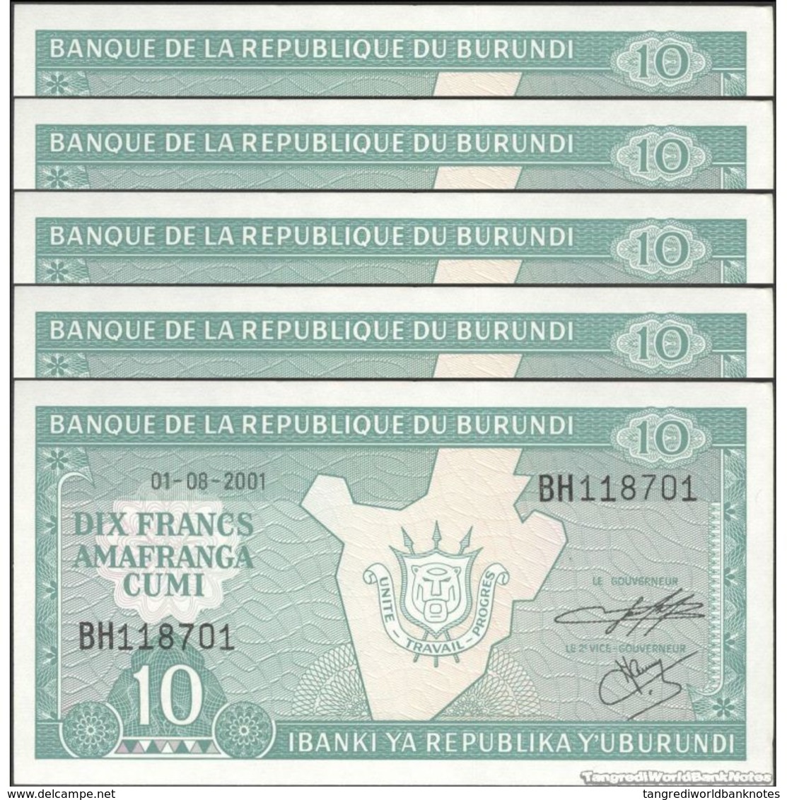 TWN - BURUNDI 33d2 - 10 Francs 1.8.2001 DEALERS LOT X 5 - Prefix BH UNC - Burundi